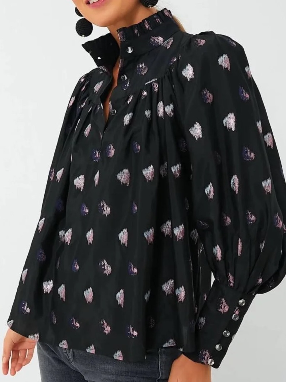 Tuckernuck Black Corrigan Blouse with Pink Metallic Brushstroke Print NWOT - Picture 2 of 7